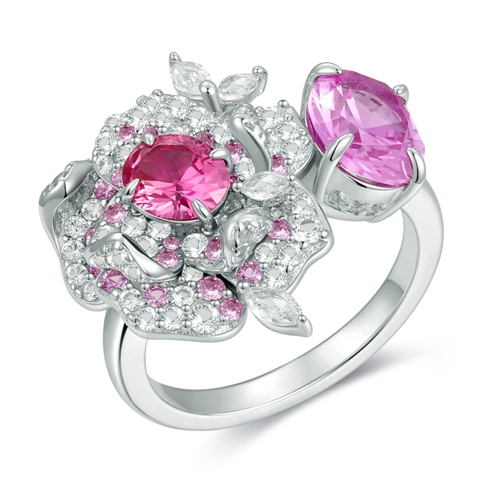 Wong Rain 925 Sterling Silver Padparadscha Pink Sapphire High Carbon Diamond Flower Rings for Women Fine Jewelry Wedding Gifts