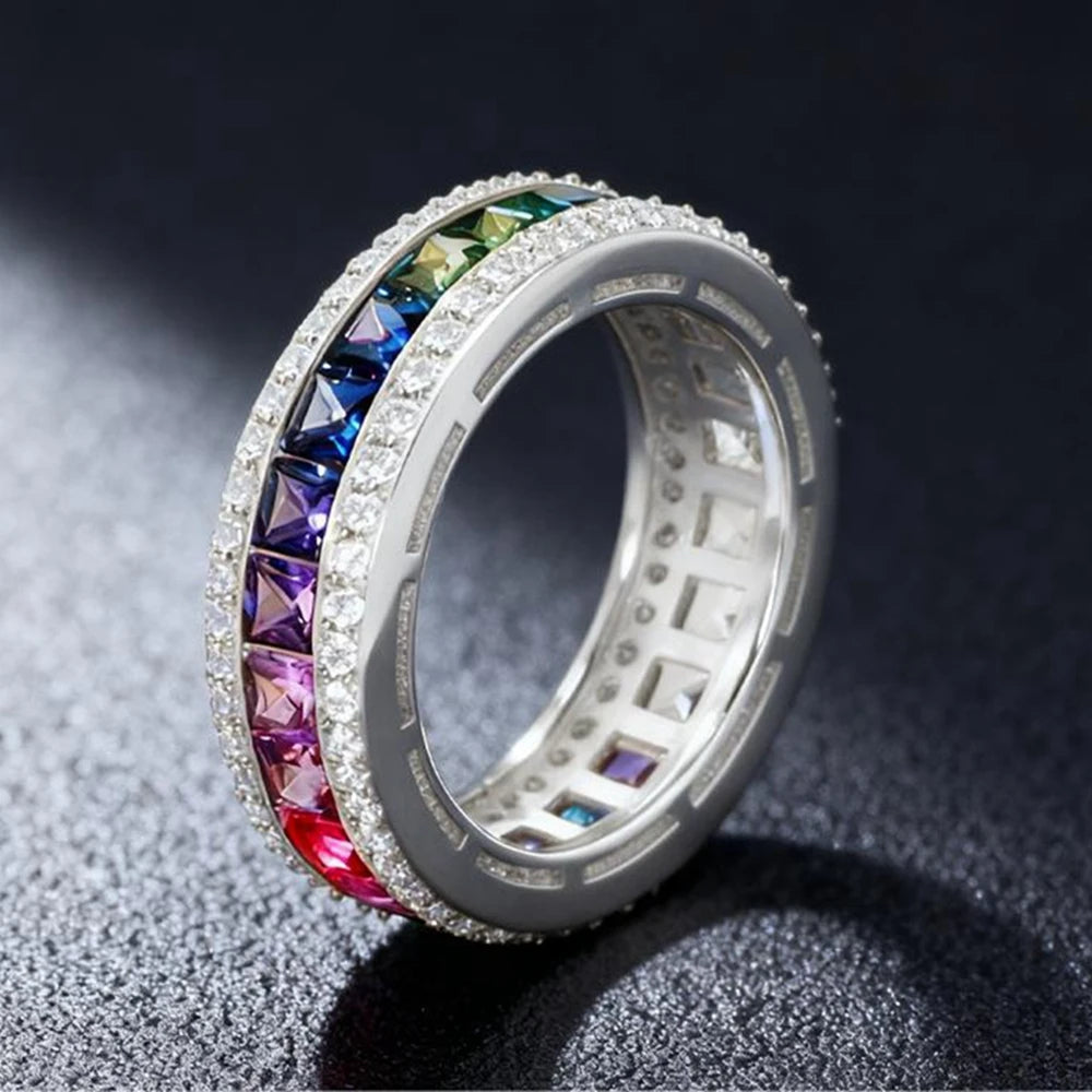 Wong Rain Luxury 925 Sterling Silver Lab Sapphire High Carbon Diamond Colorful Row Rings for Women Fine Jewelry Wedding Band