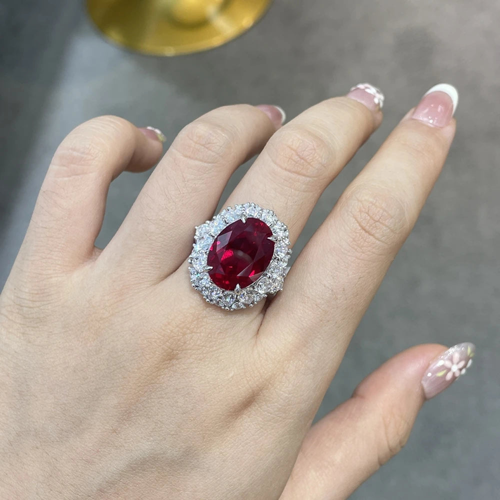 Vinregem 12CT Oval Cut Sapphire Ruby High Carbon Diamond Gemstone 925 Sterling Silver Women Rings Engagement Fine Jewelry Gifts