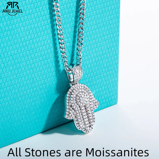 AnuJewel Moissanite Palm Pendant Layered Hip Hop Necklace 925 Sterling Silver New Age Key chain 60cm Heavy Metal Dope Jewelry