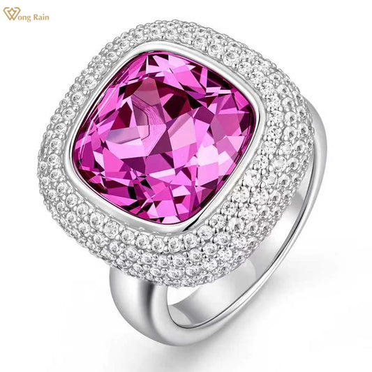Wong Rain Luxury 925 Sterling Silver Pink Sapphire High Carbon Diamond Gems Wedding Engagement Rings for Women Fine Jewelry Gift