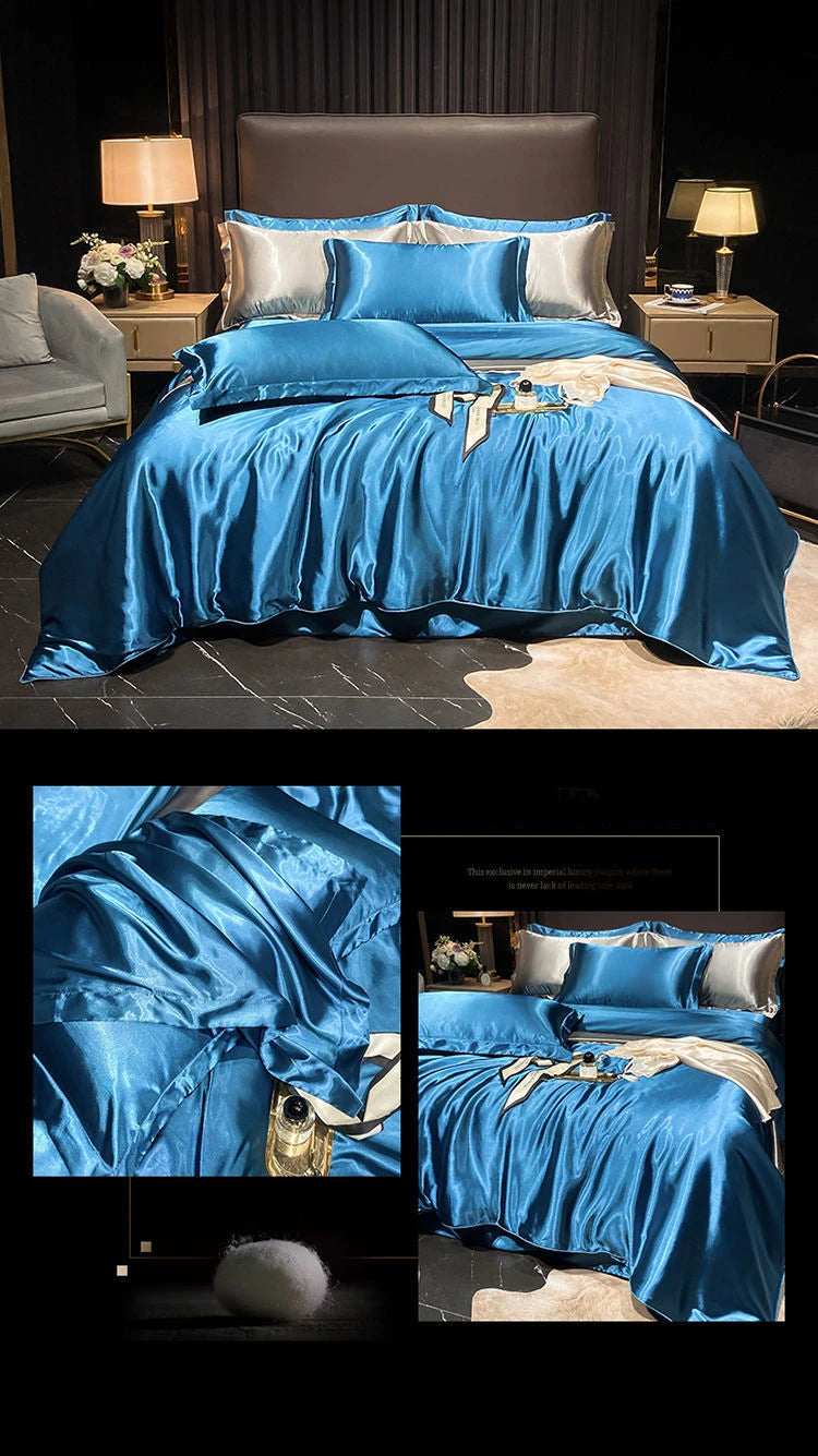 Real 100% Mulberry Silk Bedding Set with Duvet Cover Fitted/Flat Bed Sheet Pillowcase Solid Color 4pcs King Queen Twin Bed Sets