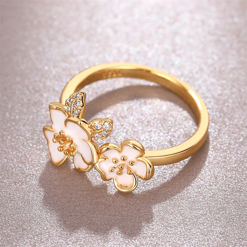 Huitan Aesthetic Enamel Flower Finger Ring for Women Wedding Party New 2023 Ring Silver Color Luxury Cubic Zirconia Jewelry Gift