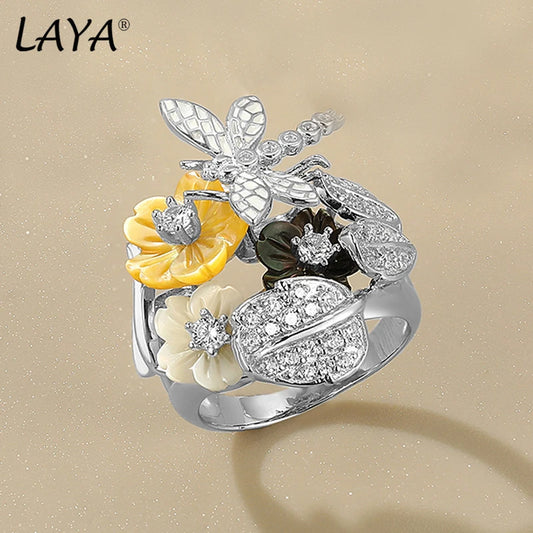 LAYA Ring For Women Black Yellow Shell Flower Shining White Zircon 100% 925 Sterling Silver  Finger Fashion Party Fine Jewelry