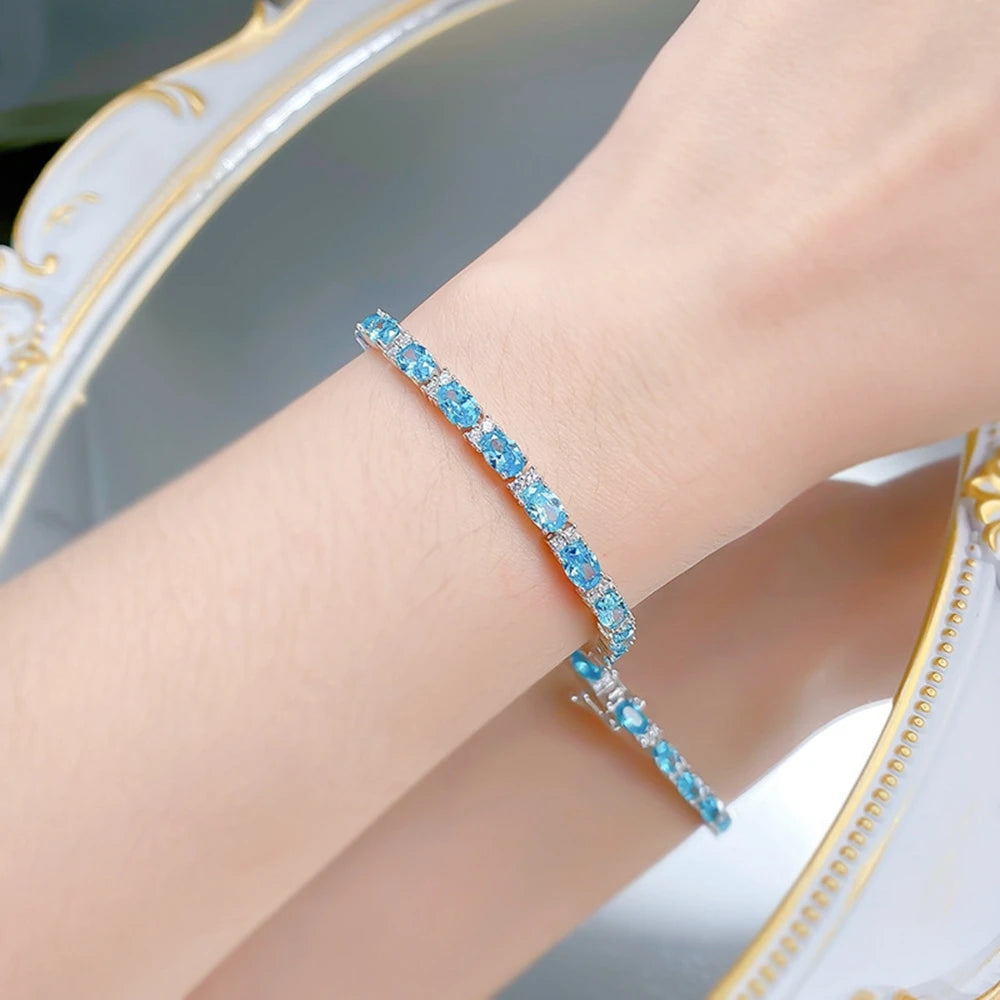 Wong Rain Classic 925 Sterling Silver Oval Cut 4*6MM Aquamarine High Carbon Diamond Gems Bracelets Bangle Fine Jewelry Wholesale