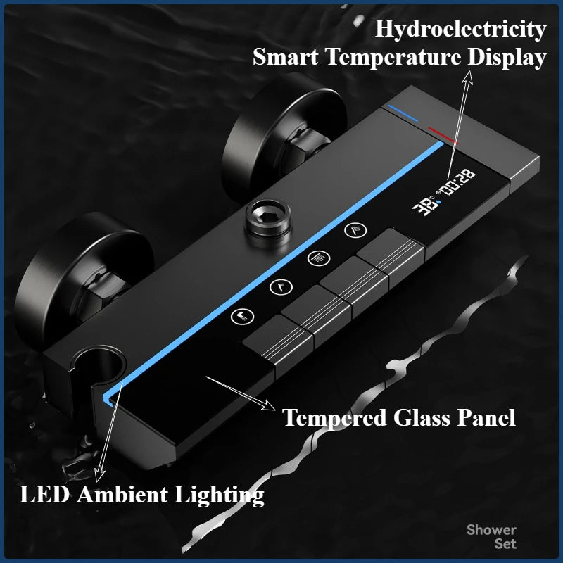 Bathroom Piano Key 4 Ways Water Outlet Luxury Shower Set LED Light Smart Temperature Display Rainlfall Shower Faucet System