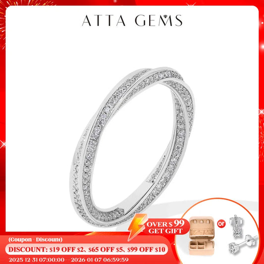 ATTAGEMS S925 Silver 18K Gold Plated Moissanite Rings D Color VVS1 Lab Diamond Helix Eternity Band Wedding Jewelry for Women Man