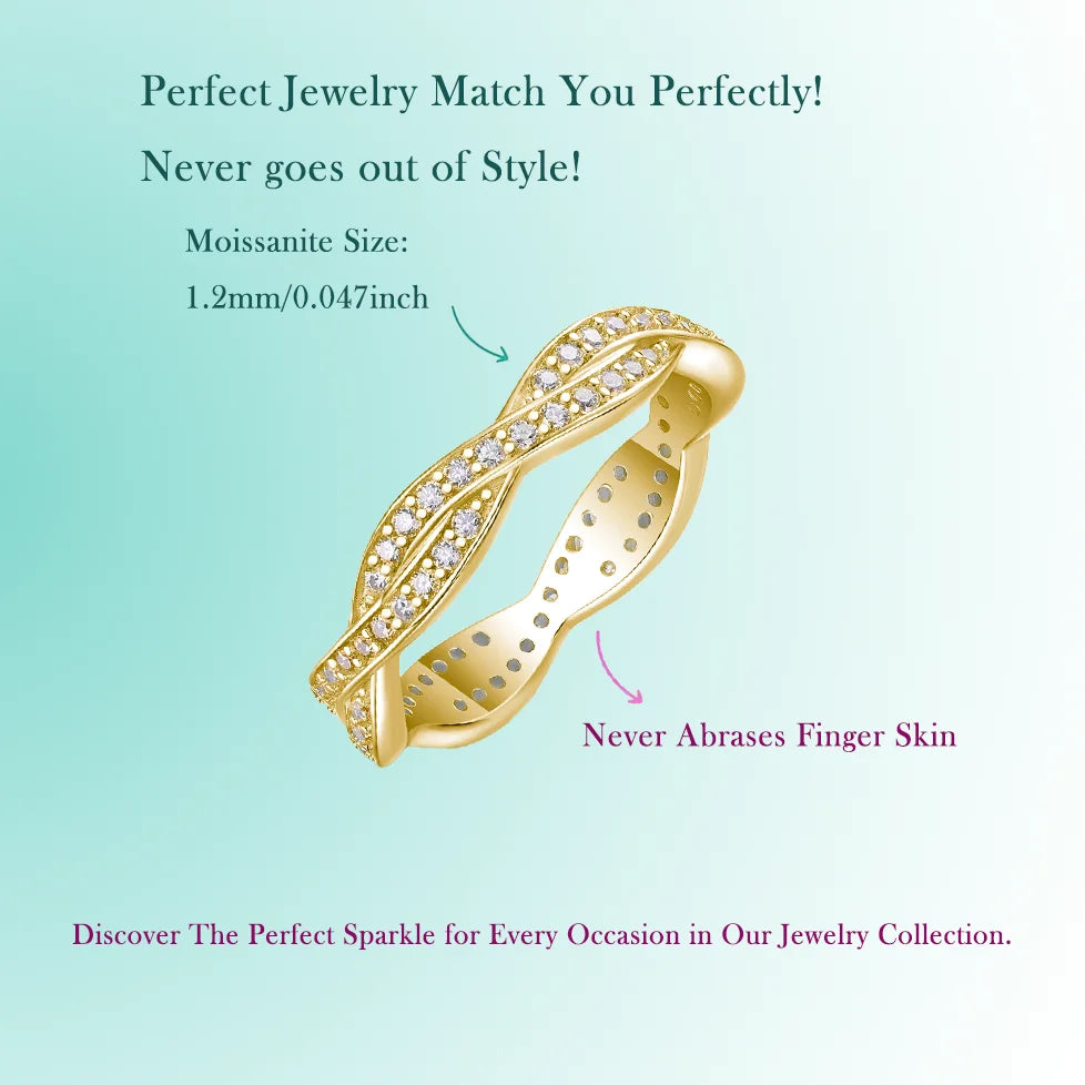 1.2mm D Color Moissanite Wavy Eternity Ring for Women, S925 Sterling Silver Gold-Plated, Hypoallergenic Design