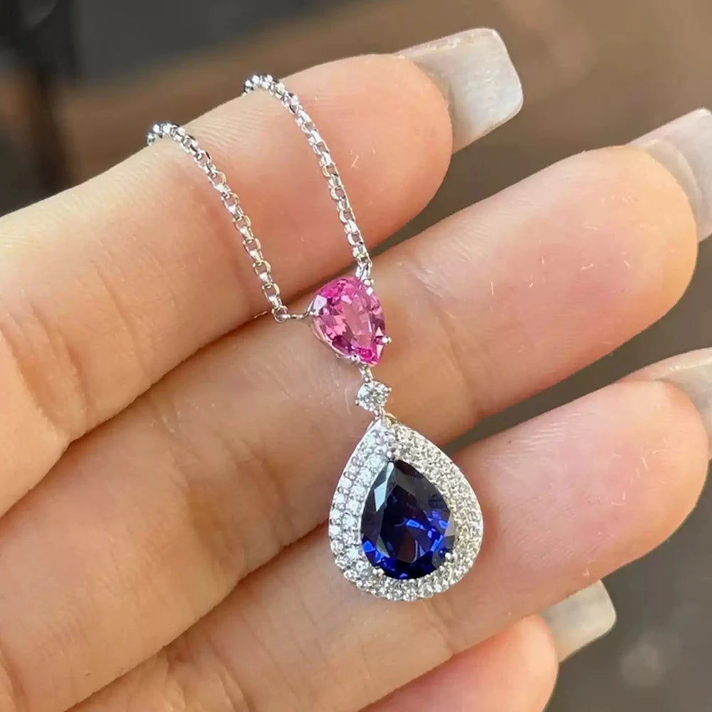 WUIHA Vintage 925 Sterling Silver 7 * 9 MM Pear Cut Lab Sapphire High Carbon Diamonds Gemstone Pendant Necklace Fine Jewelry