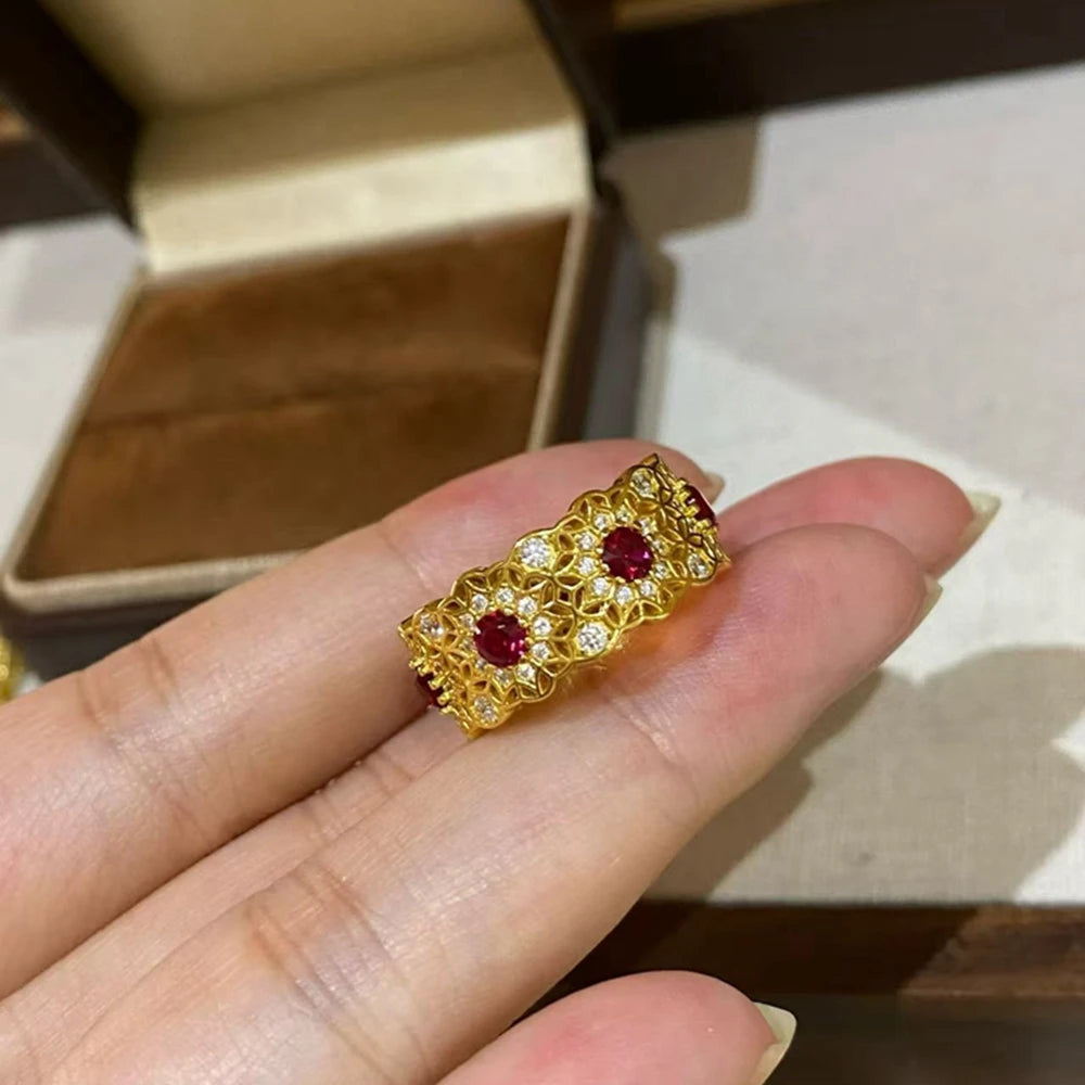 Wong Rain Vintage 925 Sterling Silver Round Cut Ruby High Carbon Diamond Gem Row Ring for Women Fine Jewelry Anniversary Gifts