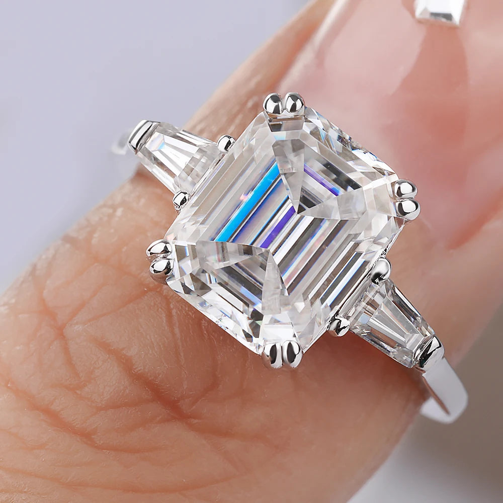 1-4 Carat Emerald Cut Moissanite Rings for Women D VVS1 Three Stone Diamond Engagement Ring Side Baguettes 925 Silver Jewelry