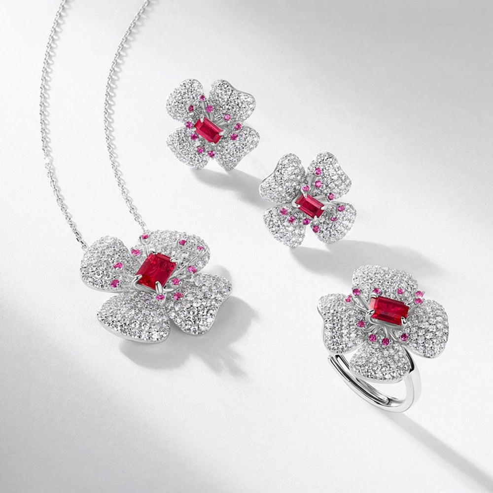 Wong Rain 925 Sterling Silver Emerald Cut 5*7 MM Emerald Sapphire Ruby High Carbon Diamond Flower Pendant Necklace Fine Jewelry