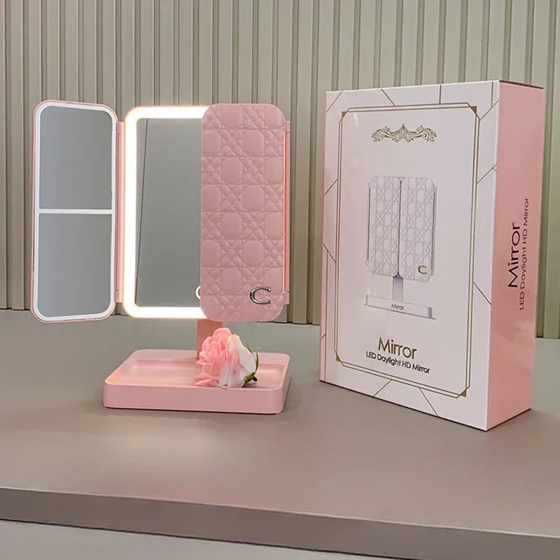 Tri-Fold Makeup Mirror with Led Light, Rotable Cute Desk Vanity Mirror 3 Tone with 2X/3X Magnifying Gift for Mom Wife Girlfriend