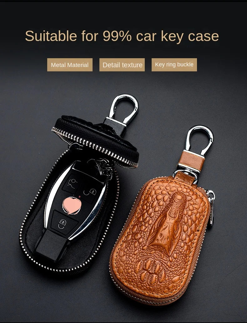 Cowhide Car Key Wallet Case Genuine Leather Crocodile Pattern Zipper Cover Mini Waist Trailer Key Bag Unisex with Metal Buckle