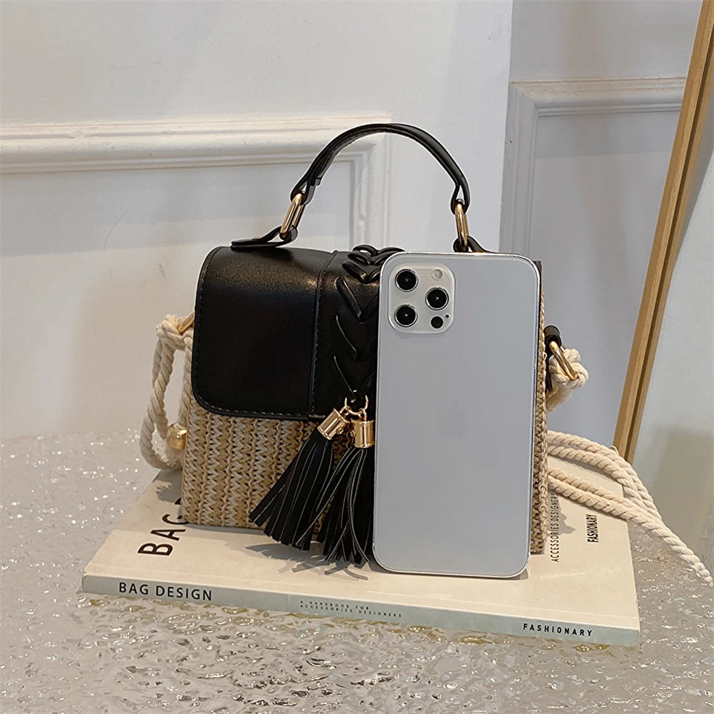 MOODS Straw Beach Bag For Women 2023 Summer New Luxury Designer Handbags Hit Color Tassels Shoulder Crossbody Box Bag Sac A Main