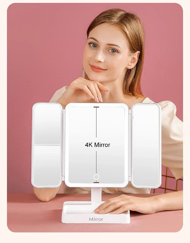 Tri-Fold Makeup Mirror with Led Light, Rotable Cute Desk Vanity Mirror 3 Tone with 2X/3X Magnifying Gift for Mom Wife Girlfriend