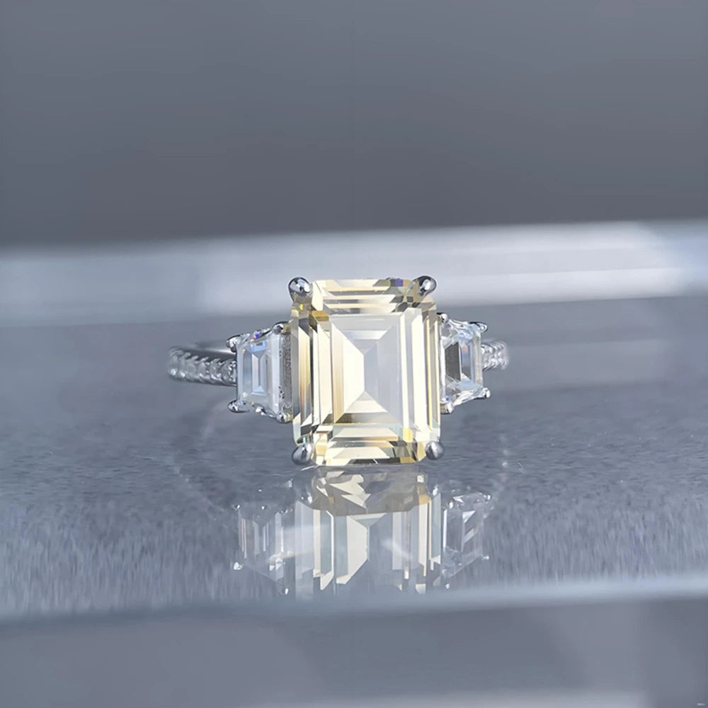 Wong Rain 925 Sterling Silver Emerald Cut 8*10 MM Aquamarine Citrine High Carbon Diamond Wedding Engagement Rings Fine Jewelry