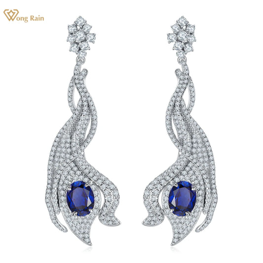Wong Rain Elegant 925 Sterling Silver 5CT Sapphire Ruby Emerald High Carbon Diamond Gemstone Drop Earrings Ear Stud Fine Jewelry