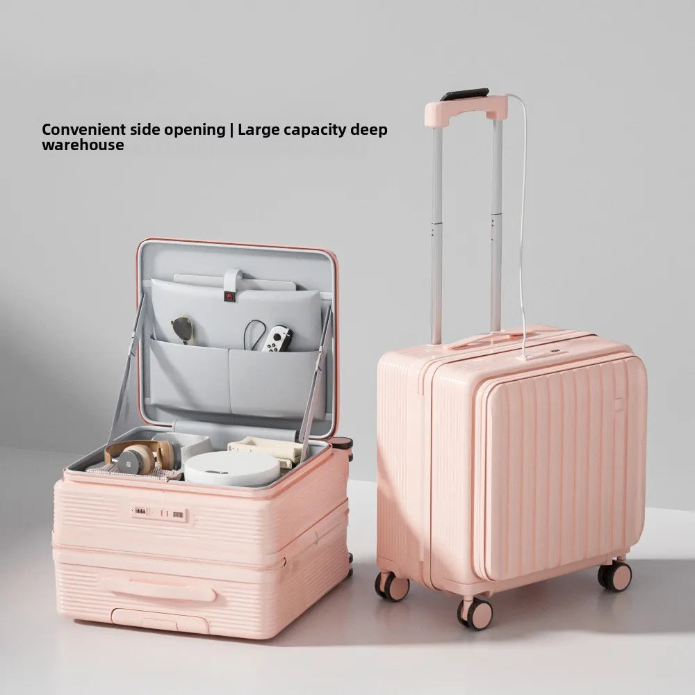 KLQDZMS 18" Luggage Travel Bag High Quality 20 Inch Boarding Box Men's Small Trolley Case Women's Front Opening Laptop Suitcase