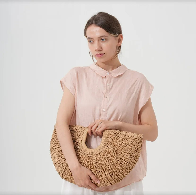 Summer Straw Women Half-moon Beach Handbag Rattan Handmade Handle Fashion Kintted Tote Bag