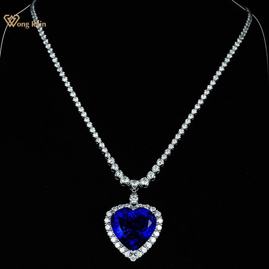 Wong Rain 925 Sterling Silver Heart Cut 20MM Sapphire High Carbon Diamonds Gems Pendant Necklaces Fine Jewelry Anniversary Gifts