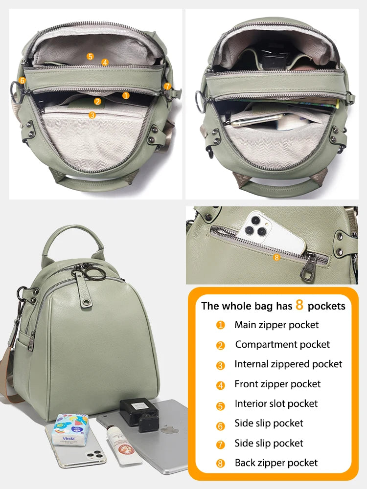 Zency Women's Soft Genuine Leather Travel Backpack Large Capacity Convertible Rucksack Knapsack Multi-compartment Shoulder Bag