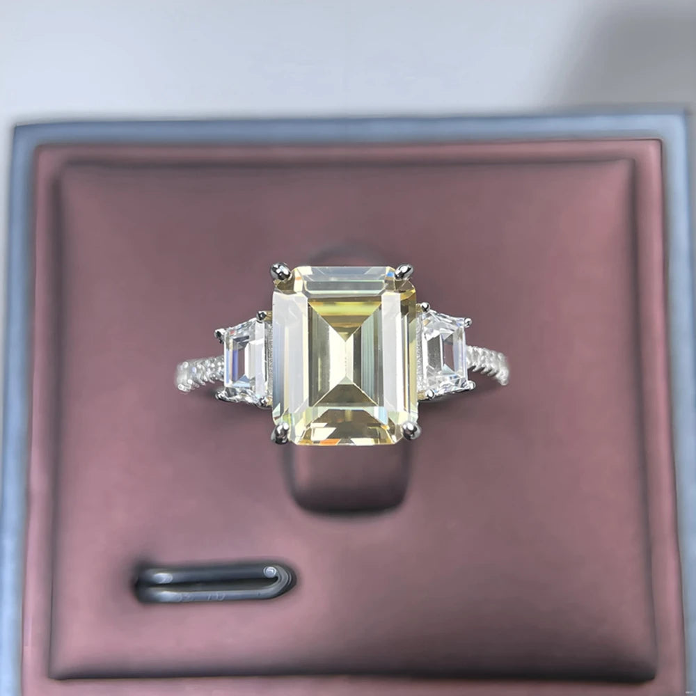 Wong Rain 925 Sterling Silver Emerald Cut 8*10 MM Aquamarine Citrine High Carbon Diamond Wedding Engagement Rings Fine Jewelry