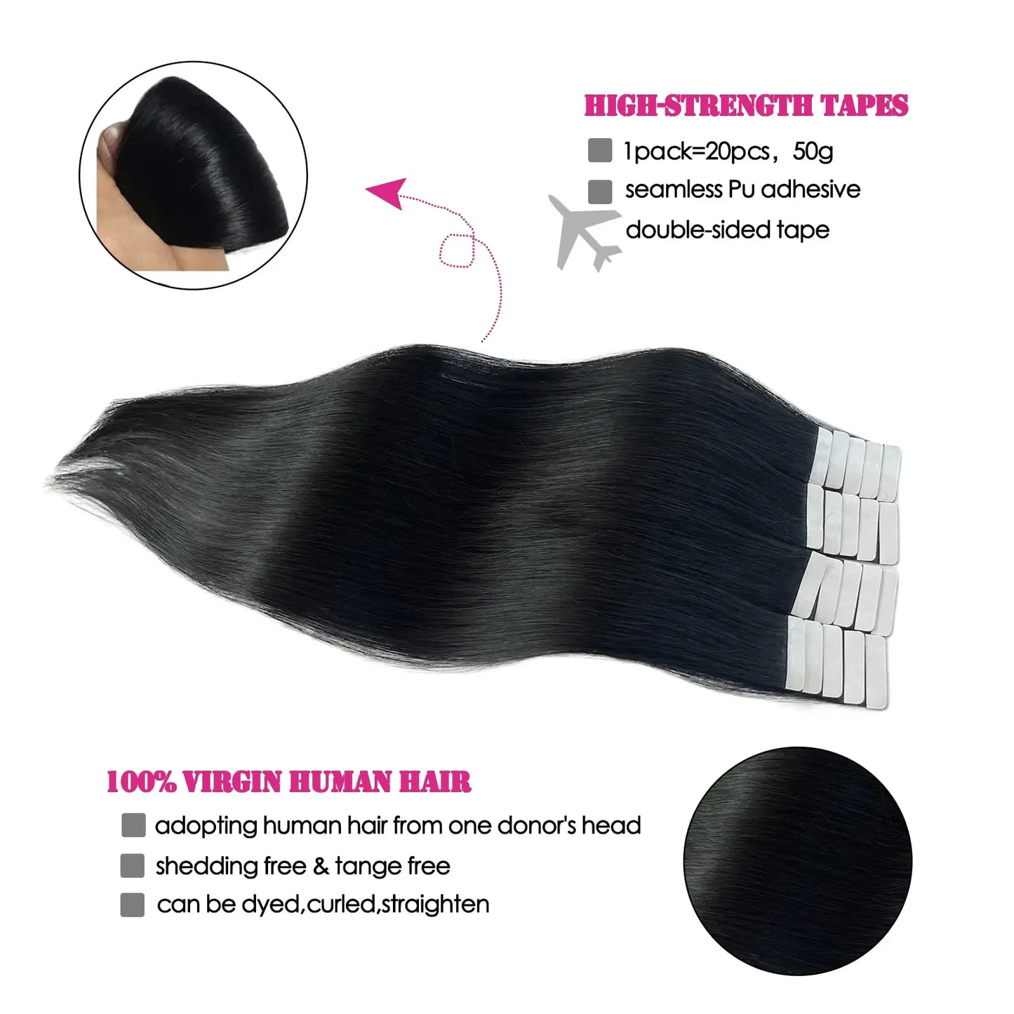 Tape In Hair Extensions Remy Human Hair 20pcs Straight Seamless Skin Weft Tape Hair Extensions Natural Black Hair For Women