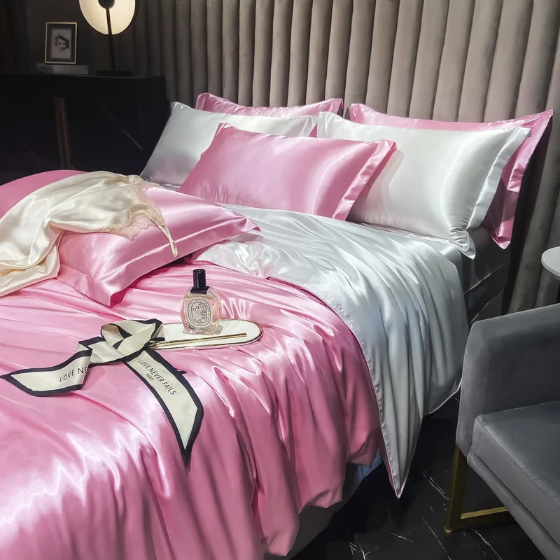 Real 100% Mulberry Silk Bedding Set with Duvet Cover Fitted/Flat Bed Sheet Pillowcase Solid Color 4pcs King Queen Twin Bed Sets