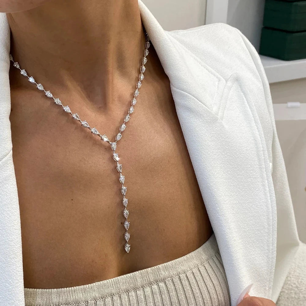 Y-Shape Waterdrop Moissanite Tennis Necklace for Women 0.5CT S925 Silver Pear Cut Diamond Long Tassel Bridal Riviera Necklaces