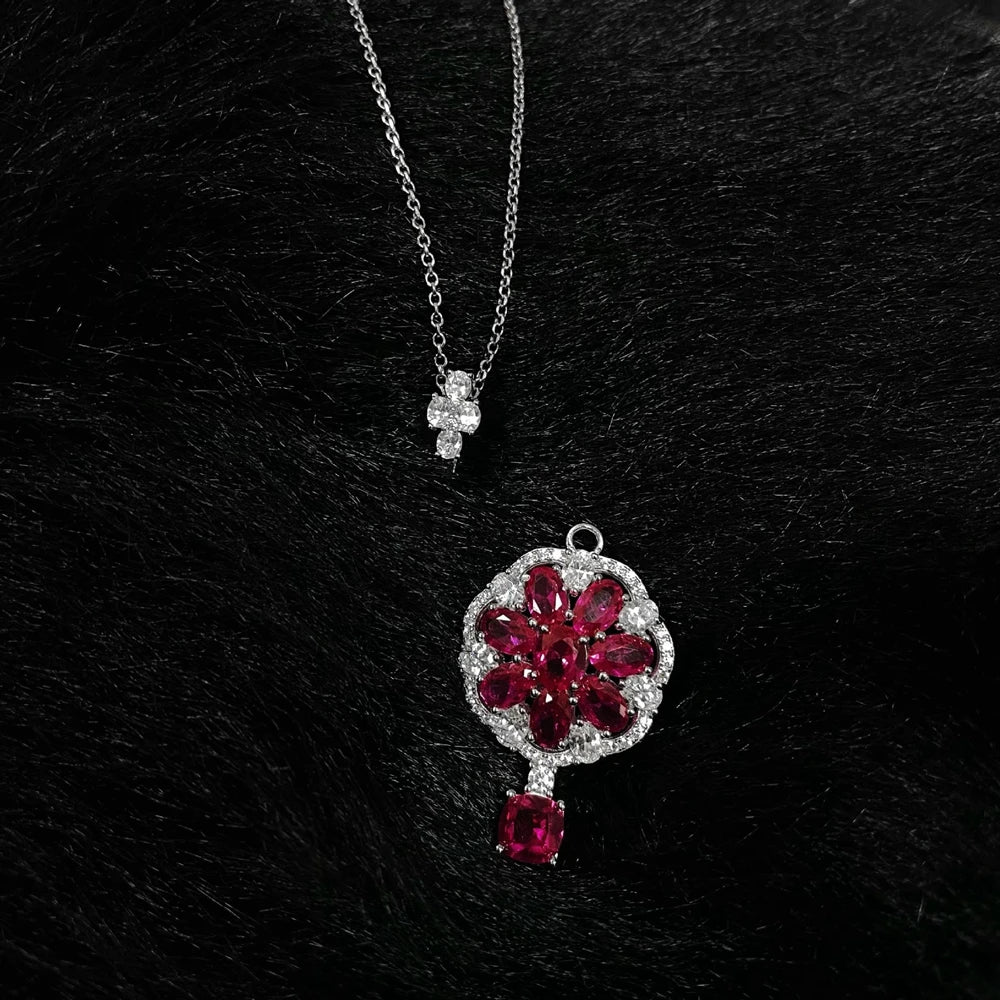 Wong Rain Solid 925 Sterling Silver 6*6MM Ruby White Sapphire Gemstone Flowers Pendant Necklace for Women Fine Jewelry Wholesale