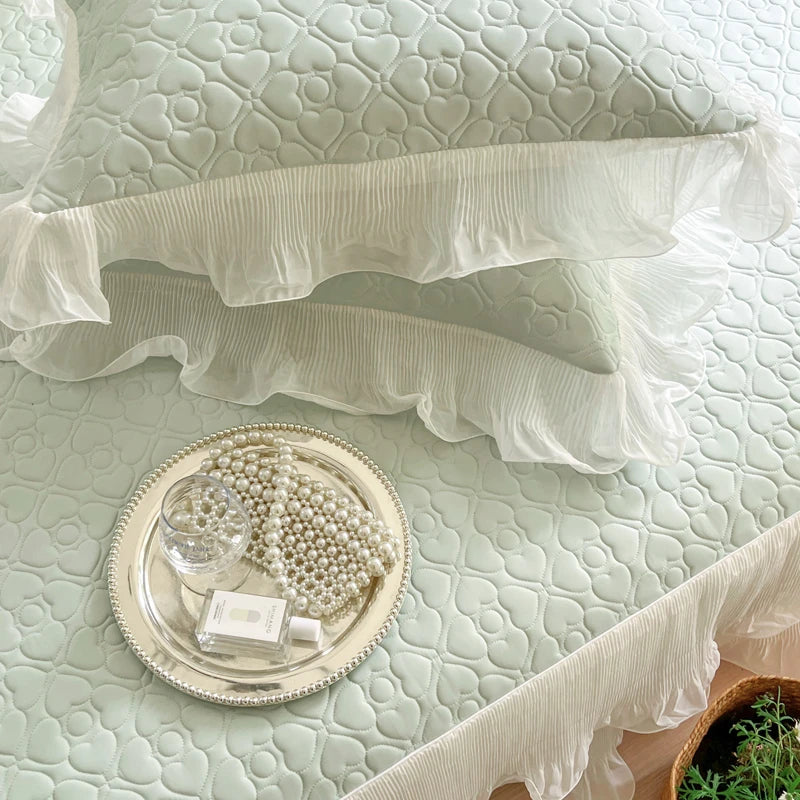 Summer Lace Ruffles Quilted Cooling Bed Skirt, Cool Feeling Fibre Mattress Cover, Bedspread, Bed Sheet, With Pillowcases, 3Pcs