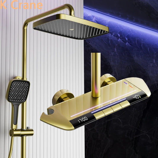 Brush Gold Atmosphere Rain Shower Faucet Bathtub LED Digital Hot Cold Thermostatic Shower System Bathtub Wall Mount Bath Tap Set