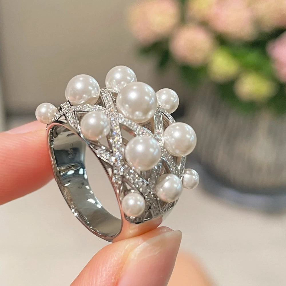 Wong Rain Sparkling 925 Sterling Silver Full Pearl High Carbon Diamond Gemstone Wedding Engagement Ring for Women Fine Jewelry