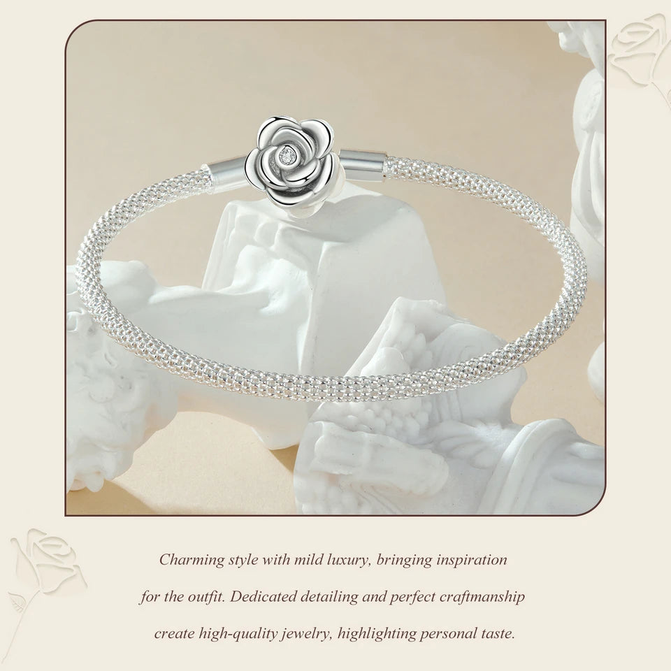 WOSTU 925 Sterling Silver Vintage Rose Flower Love Heart Bangle Bracelet Fit DIY Bracelets Women Valentine Mother's Day Gift