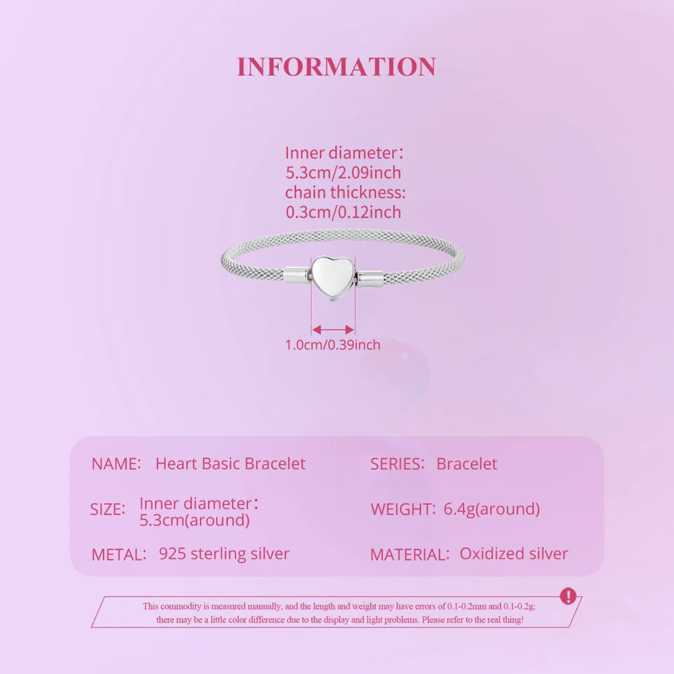 WOSTU 925 Sterling Silver Vintage Rose Flower Love Heart Bangle Bracelet Fit DIY Bracelets Women Valentine Mother's Day Gift