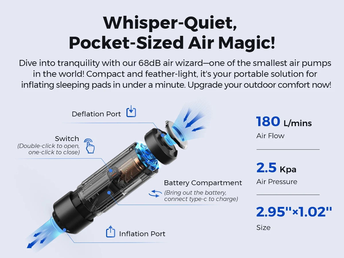 FLEXTAILGEAR ZERO PUMP Portable Camping Air Pump Electric Inflator for Sleeping Pads, 1 Rechargeable Battery Included