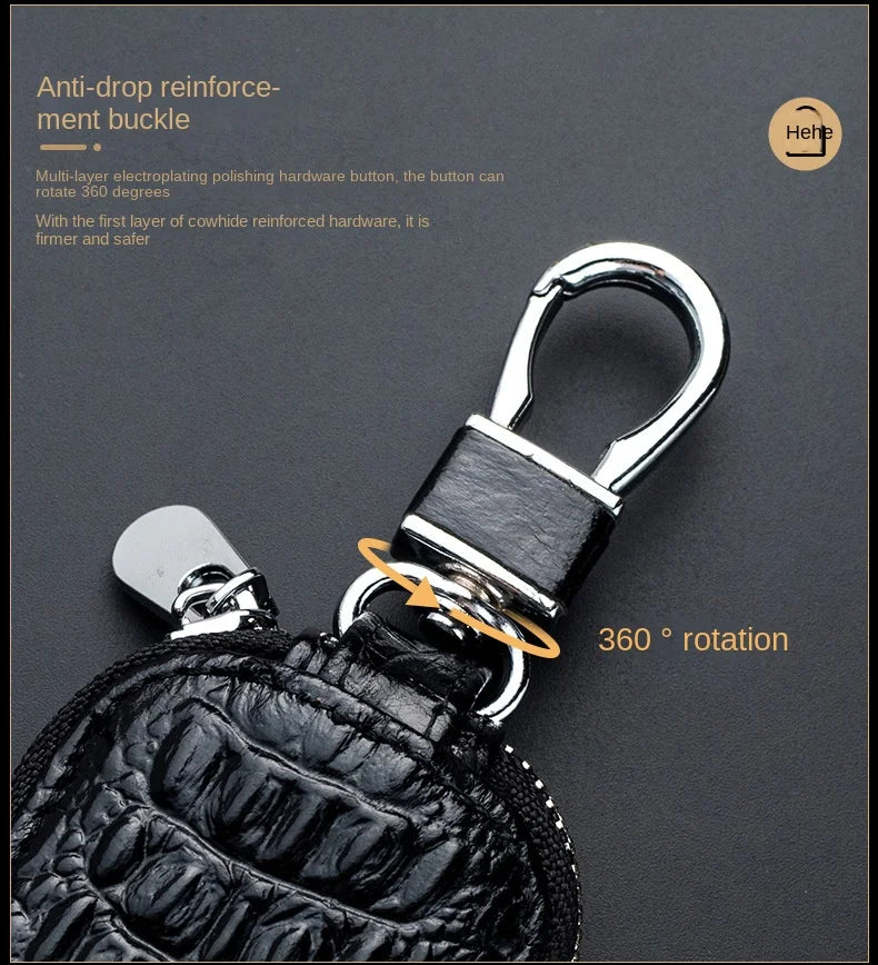 Cowhide Car Key Wallet Case Genuine Leather Crocodile Pattern Zipper Cover Mini Waist Trailer Key Bag Unisex with Metal Buckle