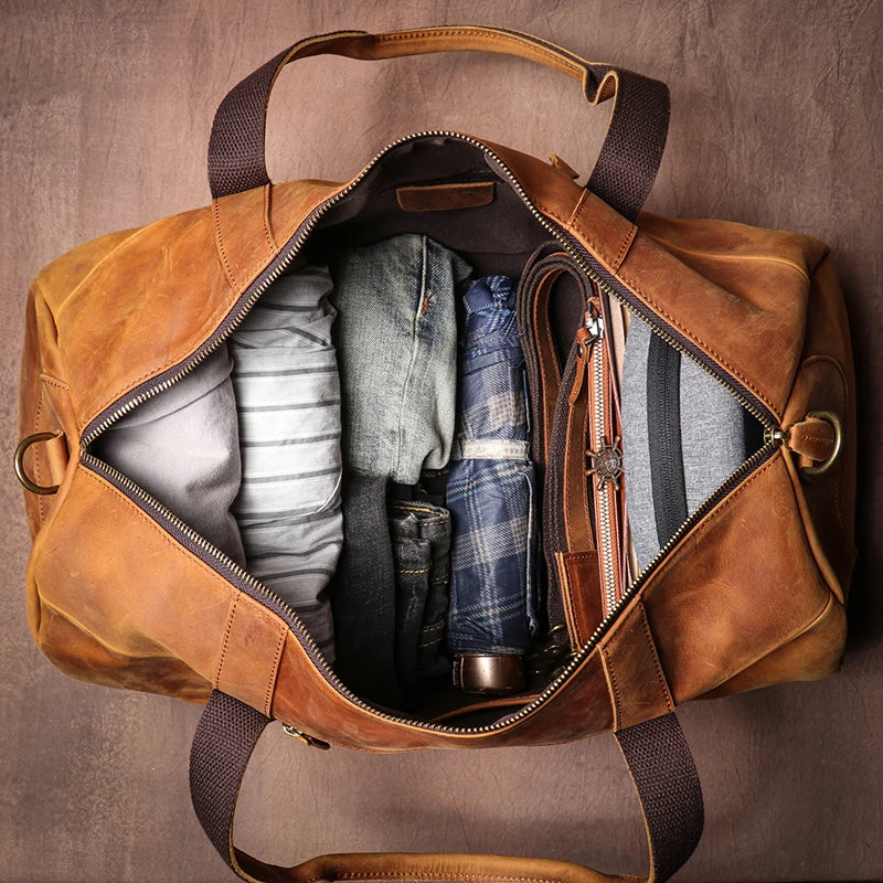 GURO Vintage Crazy Horse Cowhide Travel Bag Men's Real Leather Handbag Casual Weekend Camping Luggage Bag Daily Gym Shoulder Bag
