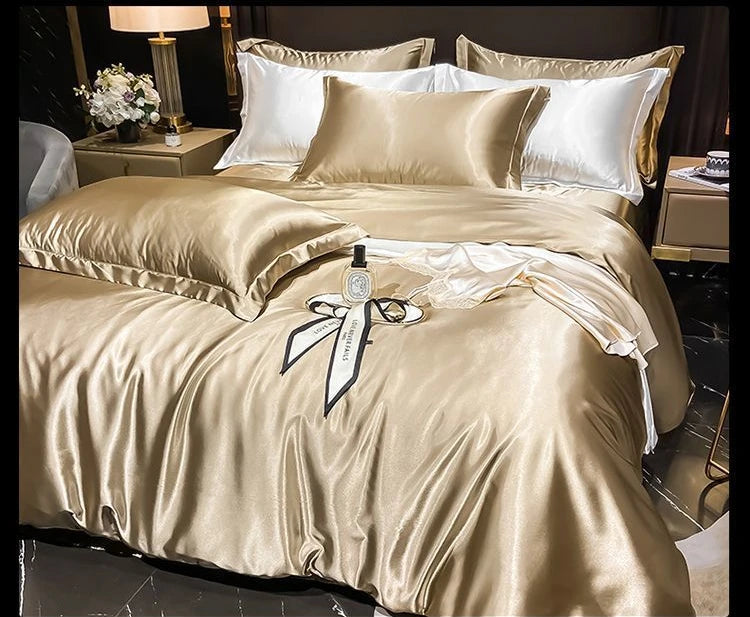 Real 100% Mulberry Silk Bedding Set with Duvet Cover Fitted/Flat Bed Sheet Pillowcase Solid Color 4pcs King Queen Twin Bed Sets