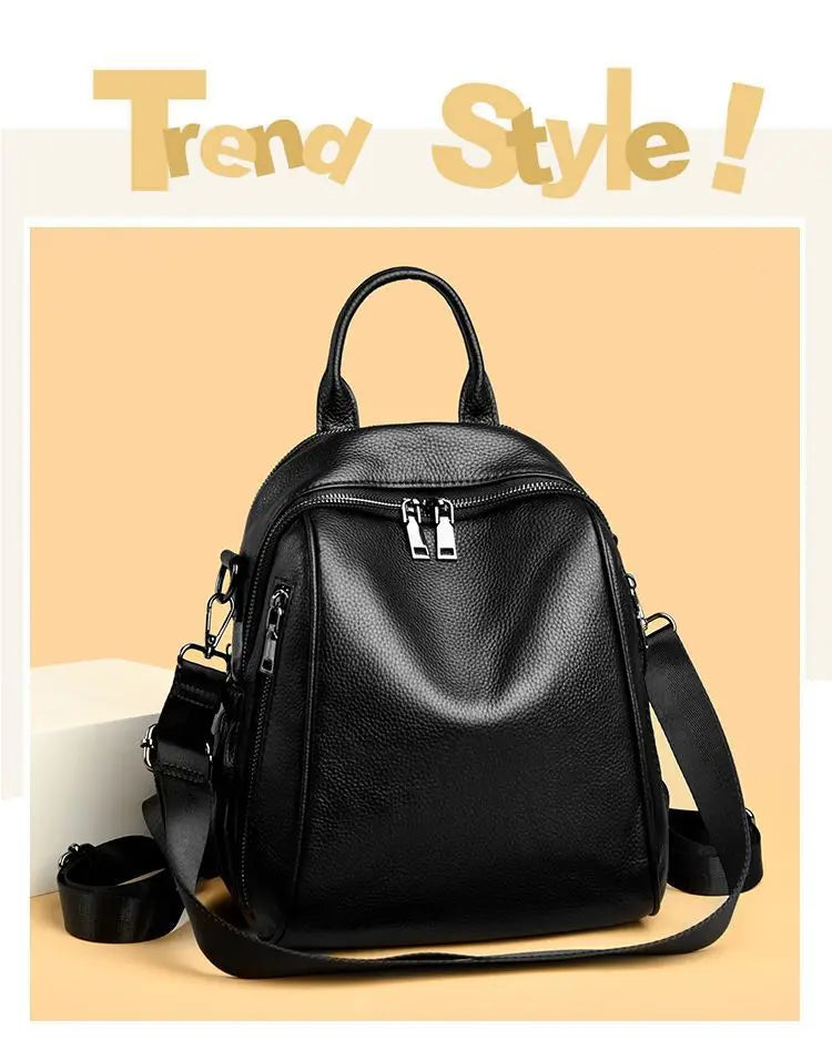 2026 New Fashionable Pure Color Leather Backpack Women's Cross-Border Travel Bag Durable Soft Cowhide Shoulder Bag for All Ages