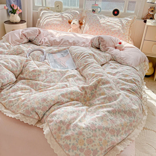 INS Princess Bedding Set 이불세트 2025 New Soft Wrinkled Double-layer Bed Flat Sheet Twin Queen Size Duvet Set Pillowcase Bed Linens
