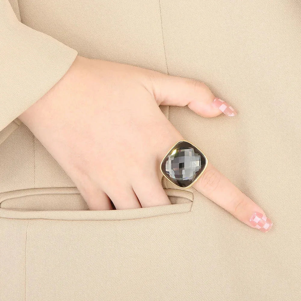 Niche Exaggerated Modern Large Gemstone Women's Ring Titanium Steel Plated 18k Gold Jewelry