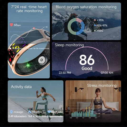 2025 Smart Ring For Men Women Heart Rate Blood Oxygen Health and Sleep Monitor Multi Sport 5ATM Waterproof Ring With LED Display