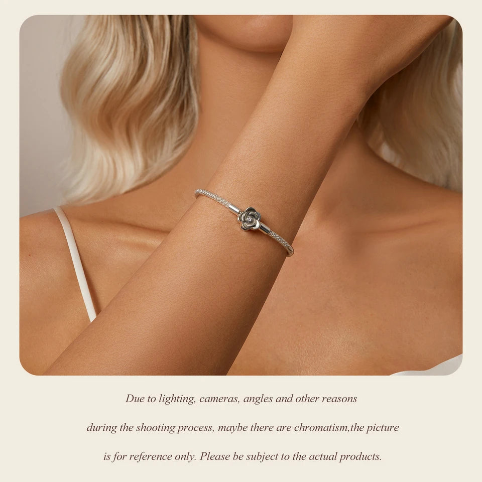 WOSTU 925 Sterling Silver Vintage Rose Flower Love Heart Bangle Bracelet Fit DIY Bracelets Women Valentine Mother's Day Gift