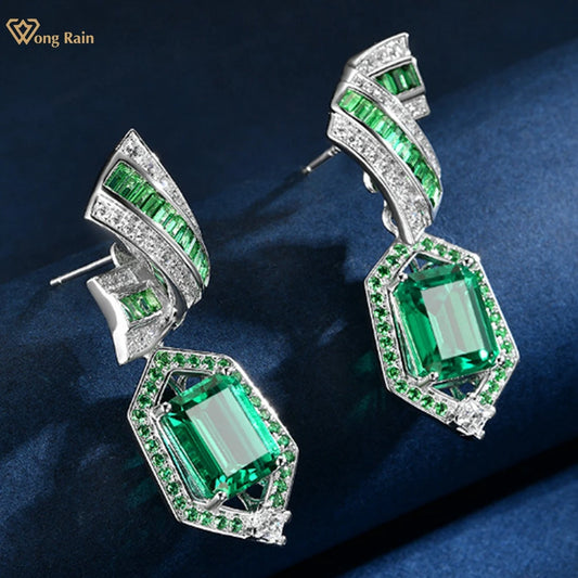 Wong Rain 925 Sterling Silver 8*10 MM Emerald Sapphire High Carbon Diamond Gemstone Drop Earrings Fine Jewelry Anniversary Gifts