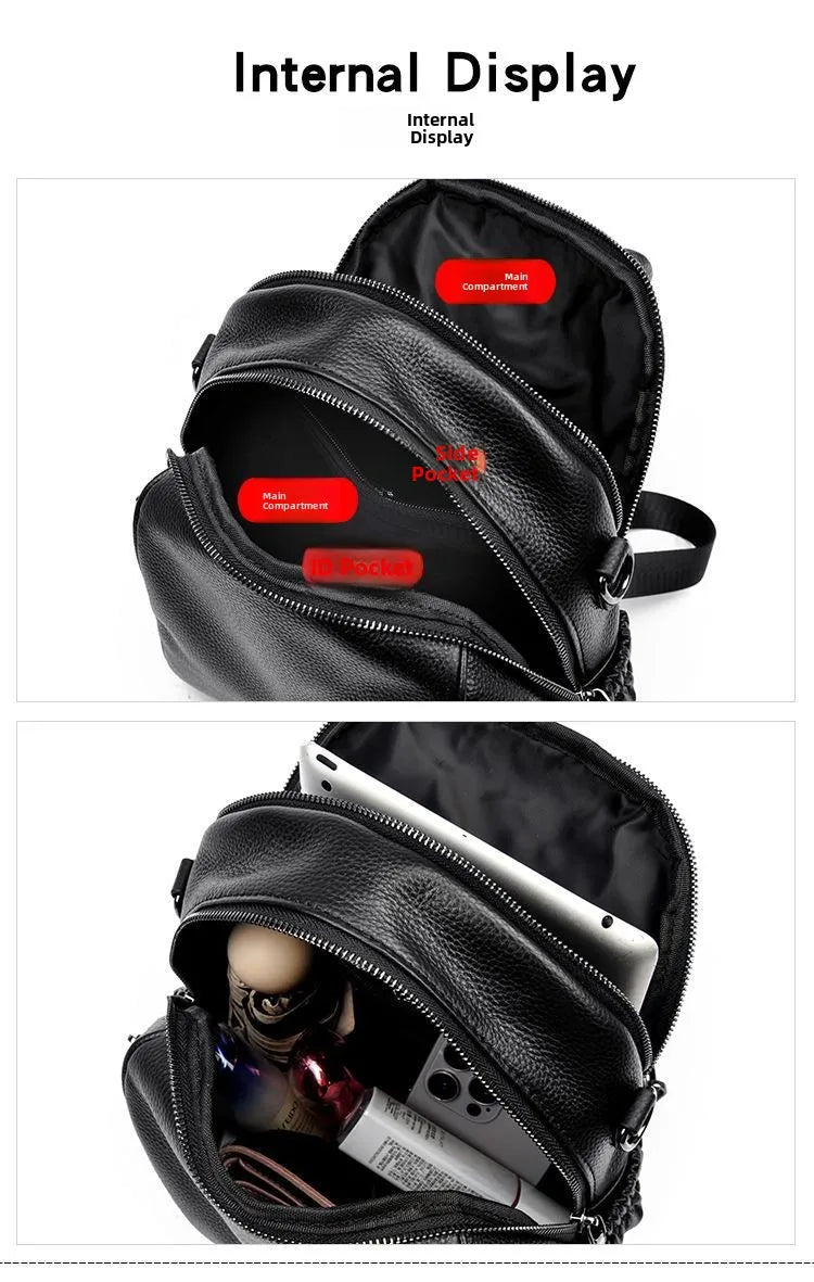 2026 New Fashionable Pure Color Leather Backpack Women's Cross-Border Travel Bag Durable Soft Cowhide Shoulder Bag for All Ages