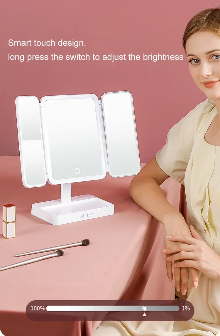 Tri-Fold Makeup Mirror with Led Light, Rotable Cute Desk Vanity Mirror 3 Tone with 2X/3X Magnifying Gift for Mom Wife Girlfriend