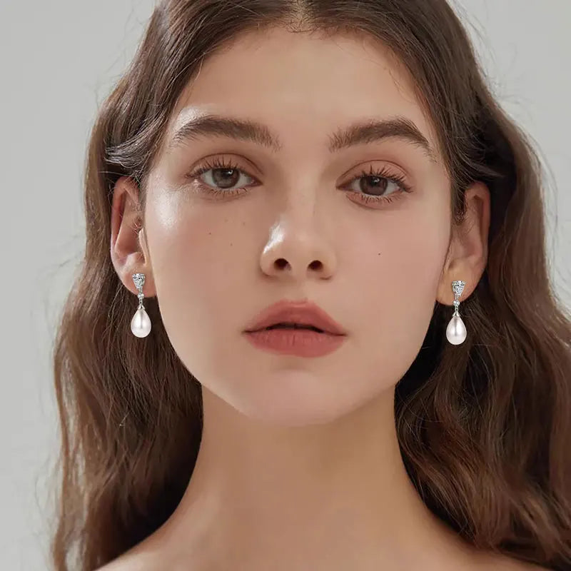 Anziw Elegant 925 Sterling Silver Earrings 13mm White Shell Pearl Drop Stud Earrings Engagement Wedding Fine Jewelry for Women