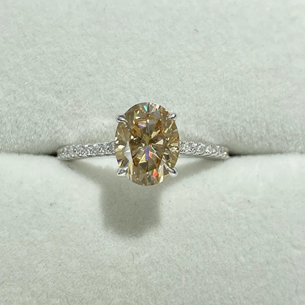 Serenity 2ct Oval Cut Champagne Moissanite Rings for Women Men 100% S925 Sterling Silver Plated 18K Lab Diamond Eternity Rings